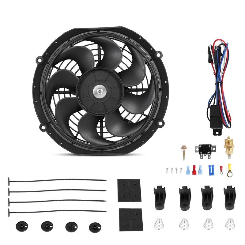 BETTERCLOUD Universal 10-Inch Slim Electric Radiator Cooling Fan Kit – 12V 80W Push/Pull with Thermostat, Relay, Wiring Harness & Mounting Kit, Universal Fit – Black - Image 1